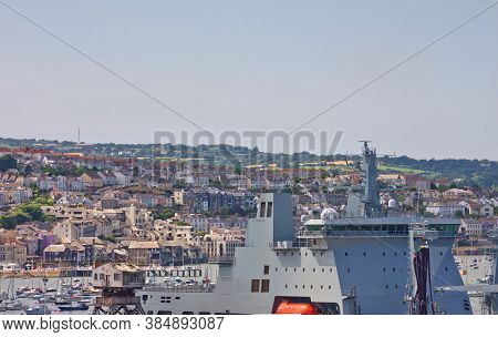 25 July 2018 - Falmouth, Cornwall, Uk: Falmouth Harbour, With A Naval Vessel In Dock. View From Melv