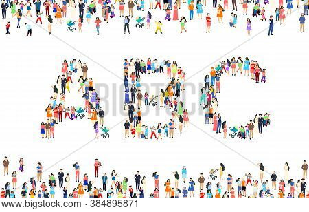Large Group Of People In Letter A, B, C Sign. People Font Set. Vector