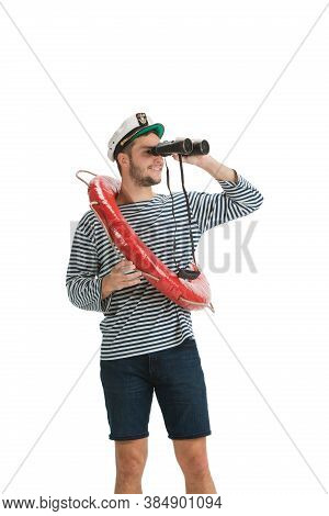 Holding Lifeline And Binocular. Caucasian Male Sailor In Uniform On White Background. Young Man Usin