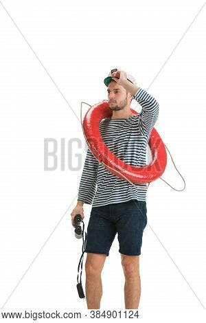 Holding Lifeline And Binocular. Caucasian Male Sailor In Uniform On White Background. Young Man Usin