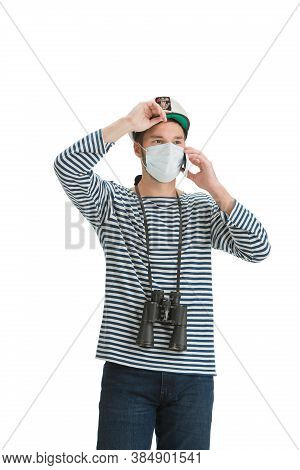 Talking Phone. Caucasian Male Sailor In Uniform On White Studio Background. Young Man Using Modern D