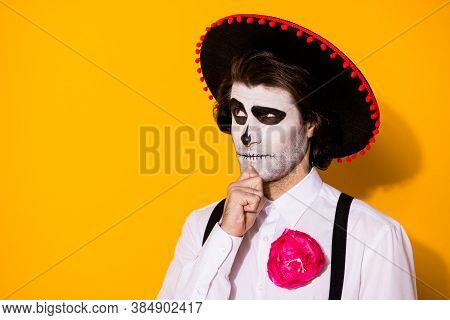 Photo Of Frightening Unsure Evil Spirit Guy Hand Chin Look Up Empty Space Remember When Died Wear Wh