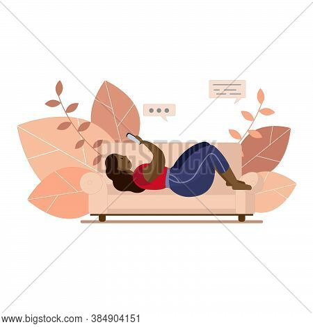 An Illustration Of A Black Woman Laying On A Couch With Her Smartphone. Curvy Lady Relaxing Home. Le