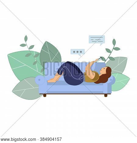 An Illustration Of A Woman Laying On A Blue Sofa With Her Smartphone. Green Leaves On The Background