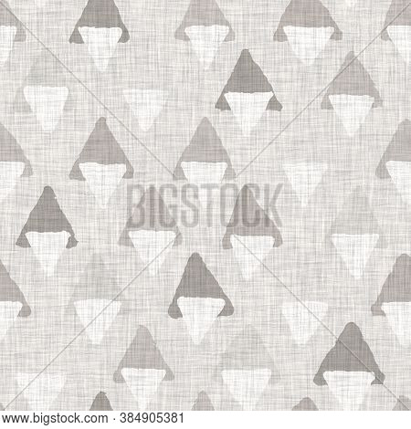 French Woven Linen Texture Geometric Shape Background. Old Ecru Flax Grey Geo Motif Seamless Pattern