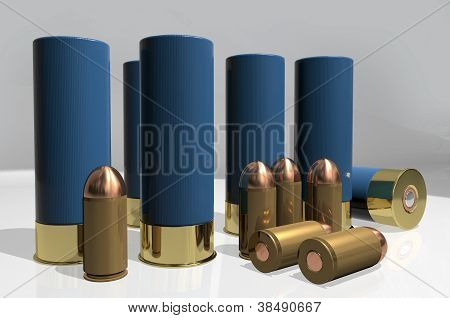 Caçadeira e cartuchos de pistola