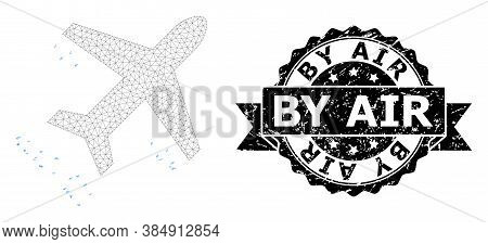 By Air Corroded Seal And Vector Flying Air Liner Mesh Model. Black Seal Has By Air Text Inside Ribbo