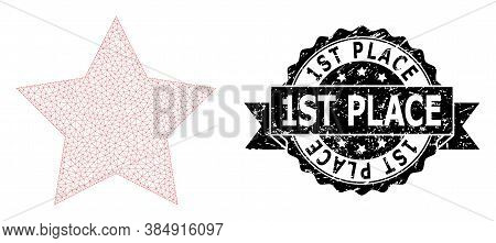 1st Place Unclean Stamp Seal And Vector Red Star Mesh Model. Black Stamp Seal Has 1st Place Caption 