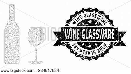 Wine Glassware Unclean Stamp Seal And Vector Wine Glassware Mesh Model. Black Seal Has Wine Glasswar