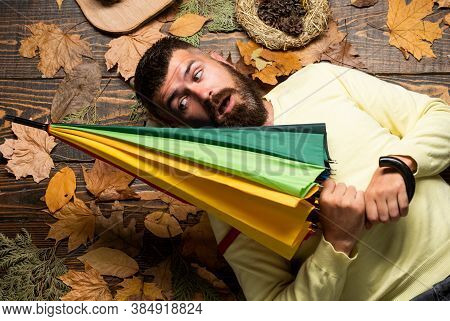 Hipster Hold Colorful Umbrella. Harvest And Fall Weather Concept. Leisure In Park. No More Rain. Tim