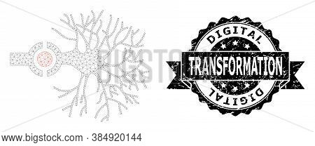 Digital Transformation Dirty Seal Print And Vector Neuron Digital Interface Mesh Model. Black Stamp 