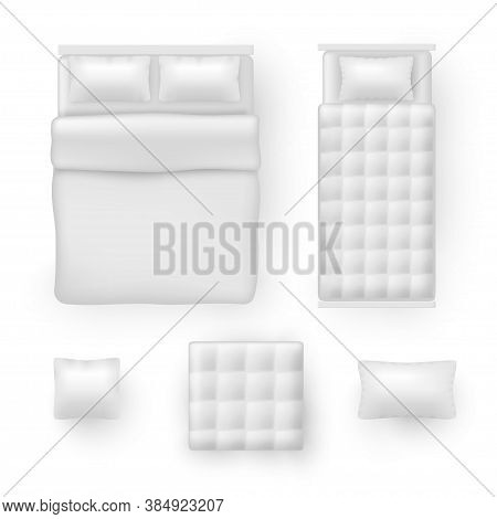 Bed Linen, Bedding Sheets, Bedclothes Realistic Mockups Set. Pillow, Blanket, Cushion, Comforter.