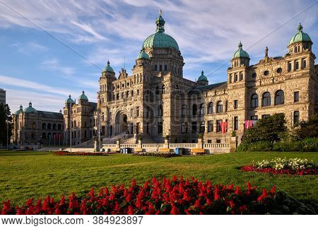 Parliament Building Morning Victoria British Columbia. Flowers in front of the parliament building in Victoria, British Columbia.