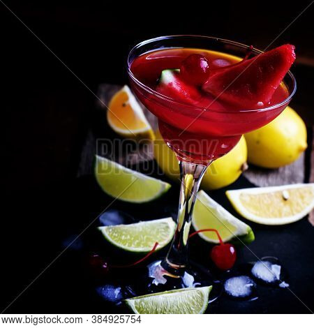 Watermelon Margarita With Lemon, Lime And Ice, Alcoholic Cocktail, Vintage Wooden Background, Select