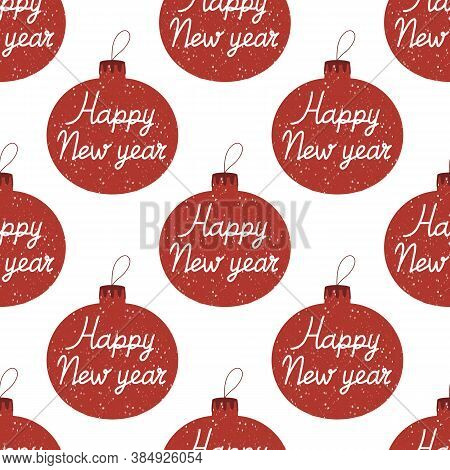 Seamless Pattern Made From Hand Drawn Christmas Tree Balls With Snowing Effect And Happy New Year Le