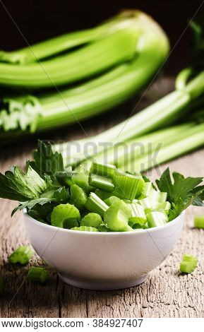 Pieces Of Fresh Celery, Vintage Wooden Background Selective Focus