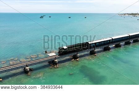 Rameswaram , Dhanunshkodi, Tamil Nadu, India- 8th June 2019: Indian Long Railway Bridge