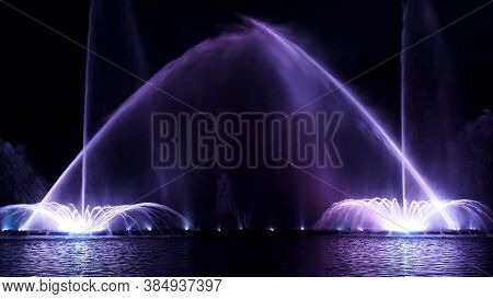 Musical Fountain With Laser Animations.musical Fountain Roshen In Vinnitsa, Ukraine.evening Show Ros