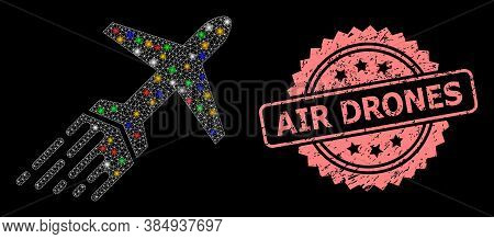 Glowing Mesh Network Air Liner With Light Spots, And Air Drones Textured Rosette Seal Print. Illumin