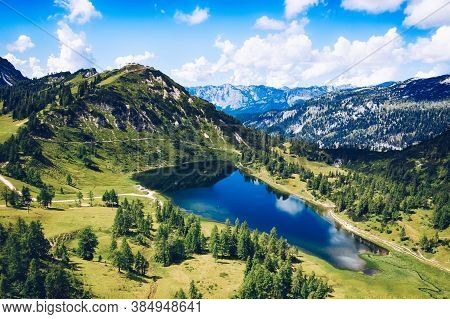 Tauplitz Alm. Lake Großsee And Lawinenstein Peak Mountain In Styria During Summer.