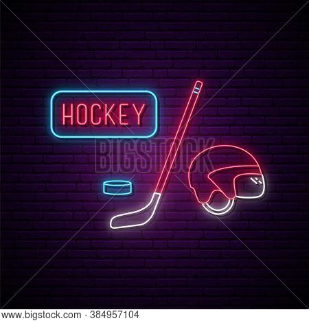 Hockey Neon Signboard. Glowing Neon Hokey Attributes. Sport Games Advertisement Design. Vector Illus