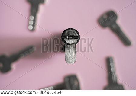 A Door Lock Cylinder Core With Keys On The Pink Background. The Cylinder Of The Lock With Keys. Inst