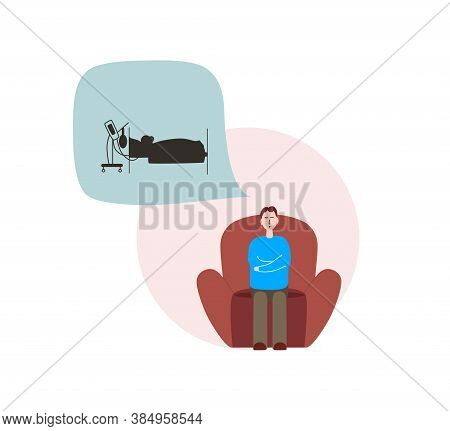 A Man Is Sitting On A Chair In The Hospital. He Is Waiting For His Loved One To Regain Consciousness