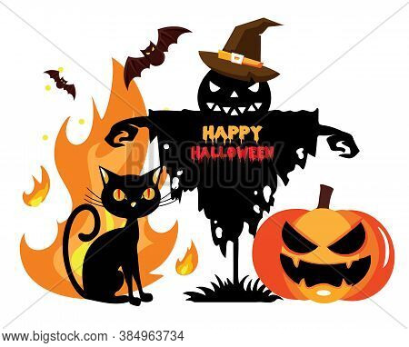 Happy Halloween Set With Bats, Pumpkin, Cat, Fire And Hat. Halloween Greeting Card, Vector, Eps 10