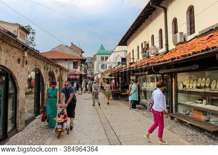 Sarajevo, Bosnia And Herzegovina - July 3rd 2018: Gazi Husrev-begova Street In The Historical Old Ba