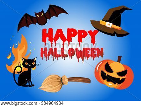 Happy Halloween Set With Bats, Pumpkin, Cat, Fire And Hat. Halloween Greeting Card, Vector, Eps 10