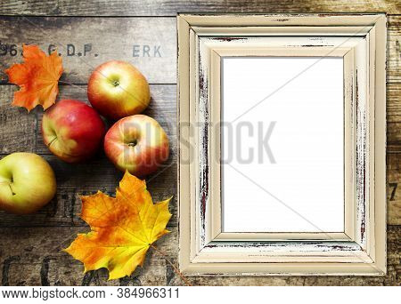 Wooden Frames And Wood Texture With Apples. Free Space For Your Design And Home Interior, Mock Up