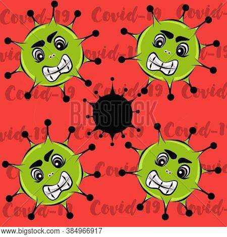 Color Illustration Of 4 Green Covids And A Black One On A Red Background.