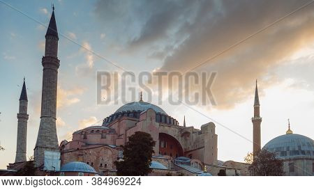 Hagia Sophia In Istanbul, Cathedral And Mosque, Museum. Cathedral With A Dome And Minarets, View Fro