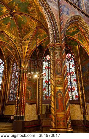 Kevelaer, Germany - Sept 5, 2020: Gold Colored Frescos On The Ceiling Of The Basilica Church In Keve