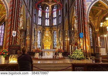 Kevelaer, Germany - Sept 5, 2020: Man Praying For The Altar In The Basilica Church In Kevelaer