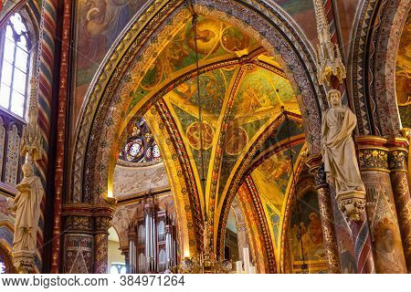 Kevelaer, Germany - Sept 5, 2020: Beautiful Colorful Frescos On The Ceiling With White Statues Befor