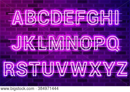 Glowing Purple Neon Lamp Alphabet. Realistic Vector Illustration. Purple Brick Wall, Violet Glow, Me