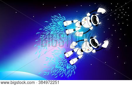 Androids In Outer Space. Robots Are Flying In Space. Space Exploration. Robots Fly On A Jet Thrust, 