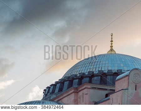 Hagia Sophia In Istanbul, Cathedral And Mosque, Museum. Cathedral With A Dome And Minarets, View Fro