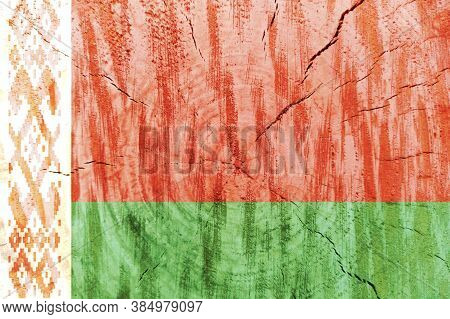 Belarus Flag Printed On Linen Fabric. National Flag Of Belarus. Belorussian National Flag On Canvas.