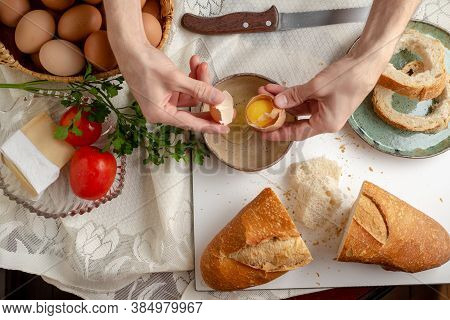 Food Preparation Eggs Bread Tomatoes For Breakfast