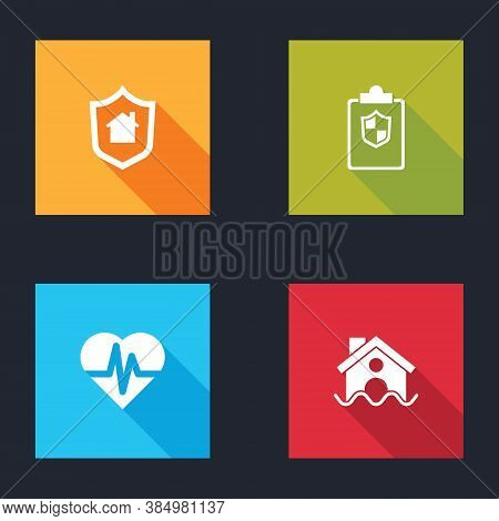Set House With Shield, Document, Health Insurance And Flood Icon. Vector
