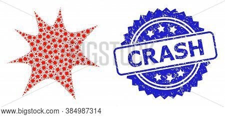 Crash Dirty Stamp Seal And Vector Recursive Composition Boom Splash. Blue Stamp Has Crash Caption In