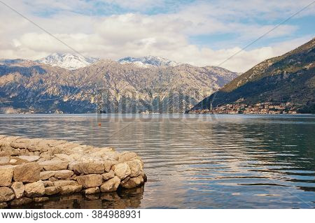 Winter Mediterranean Landscape On Cloudy Day. Montenegro,  Adriatic Sea. View Of Kotor Bay. Perast T