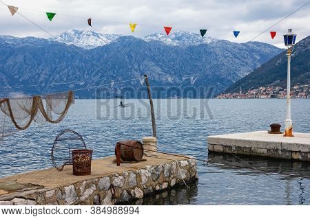 Winter Mediterranean Landscape. Montenegro, View Of Kotor Bay Near Stoliv Village, Perast Town In Di