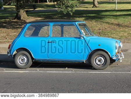 Narbonne, France - Circa August 2018: Light Blue Mini Cooper Car