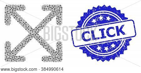 Click Scratched Stamp Seal And Vector Fractal Mosaic Enlarge Arrows. Blue Stamp Seal Contains Click 