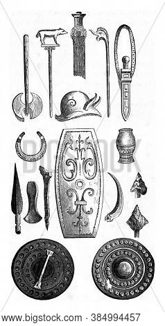 Gallic trophies. Vintage engraving. From Popular France, 1869.