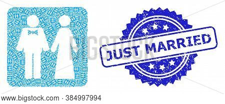 Just Married Grunge Stamp Seal And Vector Recursion Collage Just Married Persons. Blue Stamp Has Jus