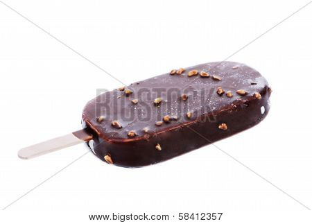 Chocolate-coated blocks of ice cream on stick